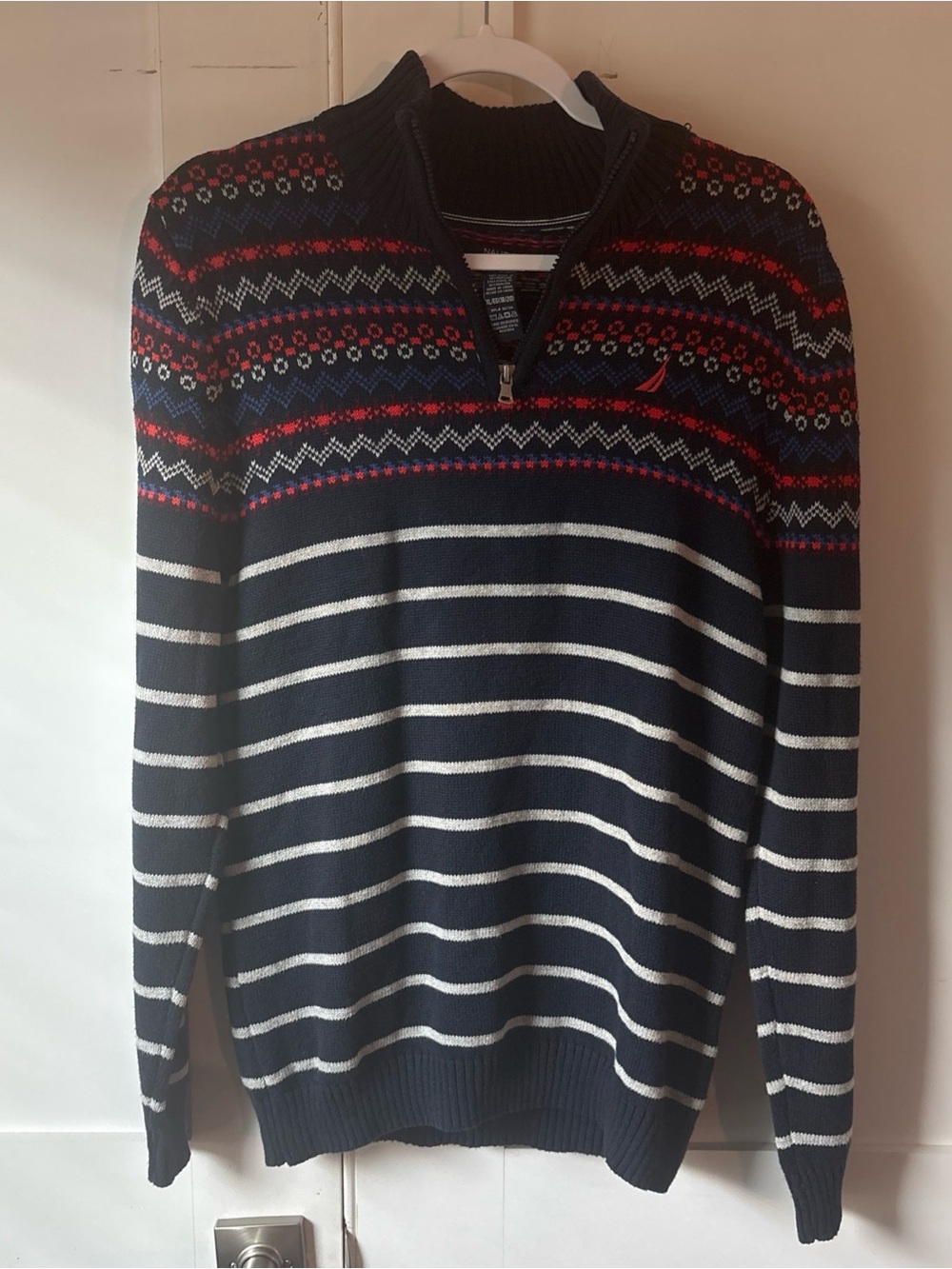 Men's XL Nautica Navy Striped Quarter-Zip Sweater with Fair Isle Yoke